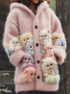 Lovely Fuzzy Colorful Cats Cozy Hooded Cardigan elevenforest