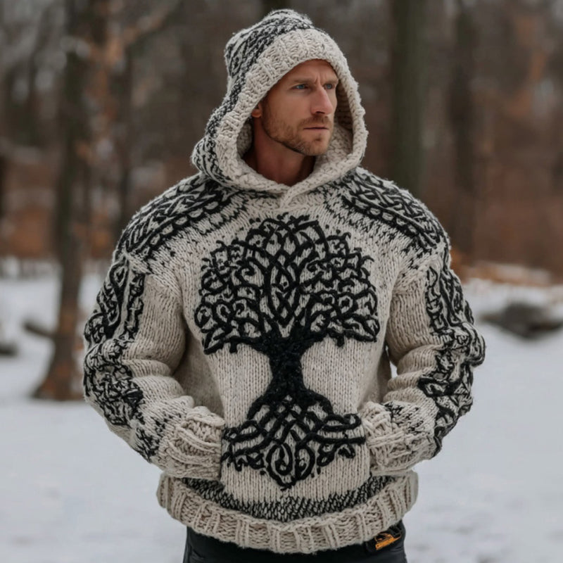 Men's Retro Celtic Tree Of Life Comfort Hooded Knit Sweater elevenforest