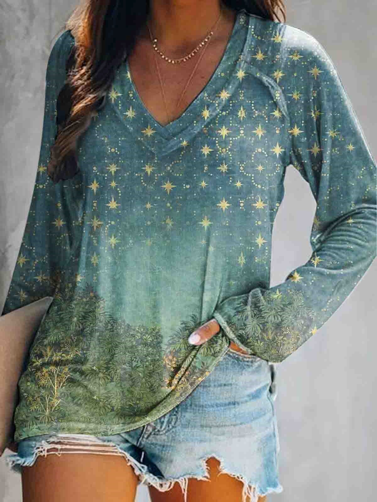 Women's Starry Woods Art Print V-Neck Long Sleeve Top