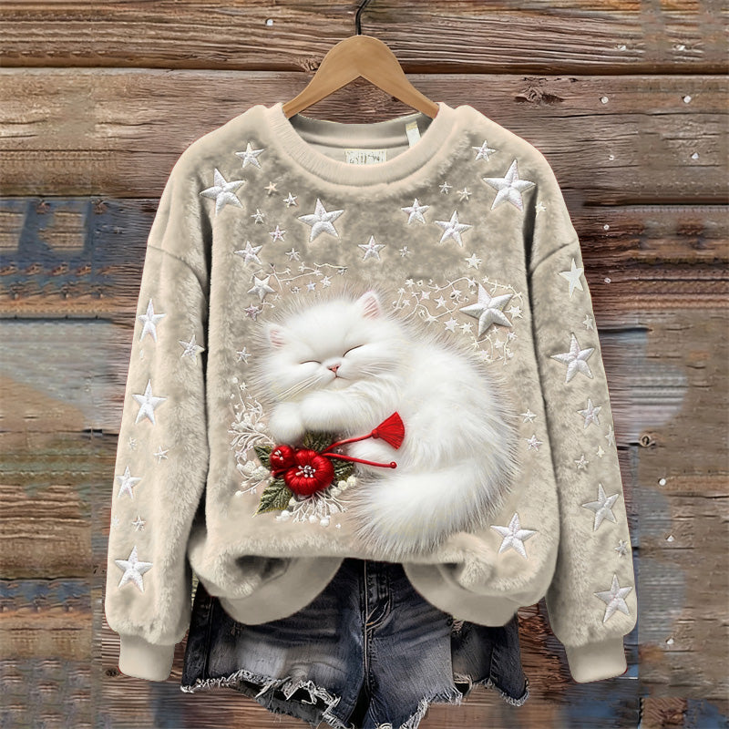 Christmas Sleeping Fuzzy Cat Stars Embroidered Cozy Plush Sweatshirt elevenforest
