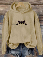 Women's Casual Funny Black Cat Print Hoodie elevenforest