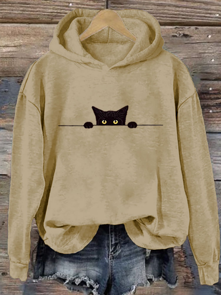 Women's Casual Funny Black Cat Print Hoodie elevenforest