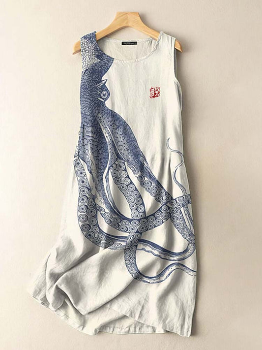 Vintage Japanese Art Octopus Print Sleeveless Cotton And Linen Midi Dr