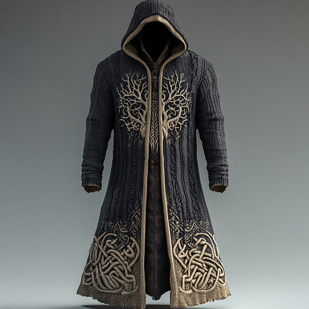 Men's Viking Contrast Color Tree Of Life Embroidered Knit Hooded Coat