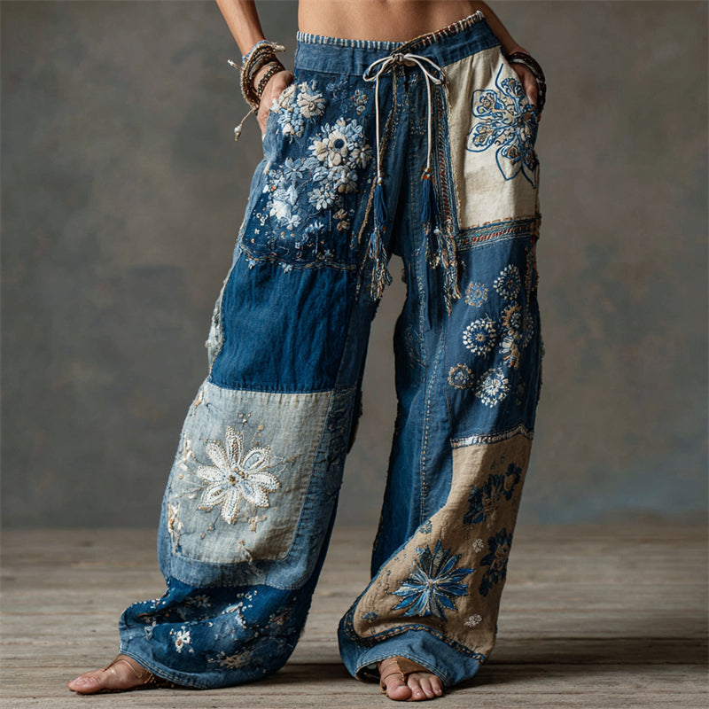 Boho Floral Lace Embroidered Patchwork Flowy Linen Wide Leg Pants