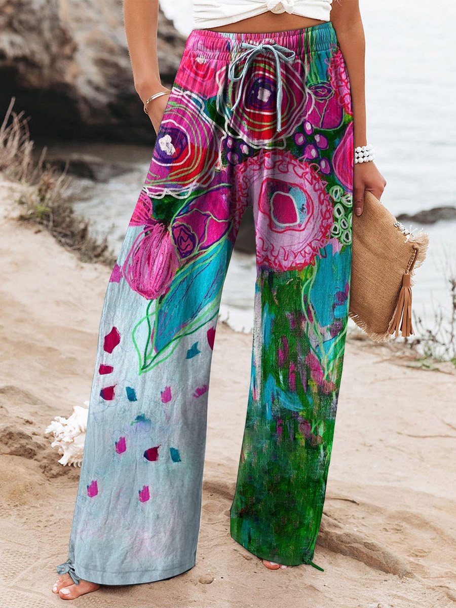Women's Vintage Lovely Floral Art Printed Cotton And Linen Casual Pants