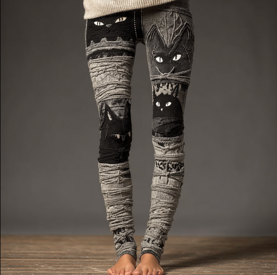 Halloween Fun Cat Design Women's Knitted Leggings elevenforest