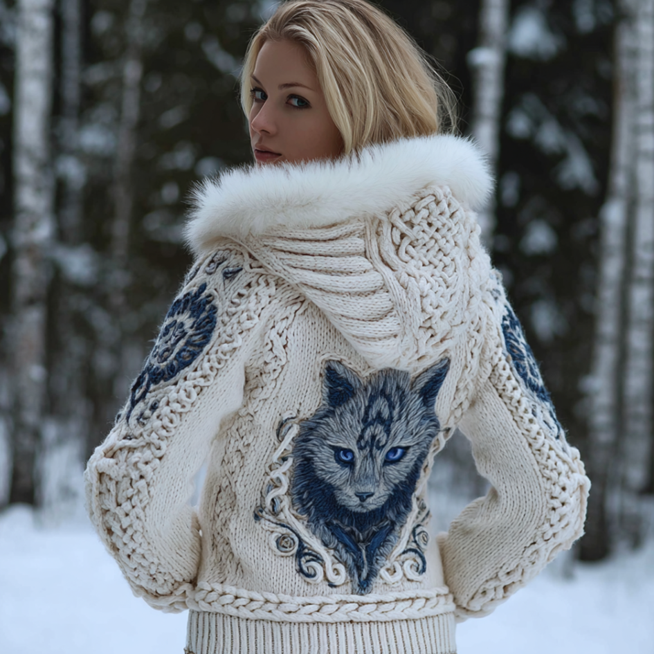 Viking Retro Style Cat Embroidery Pattern Women's Knit Hooded Sweater Jacket elevenforest