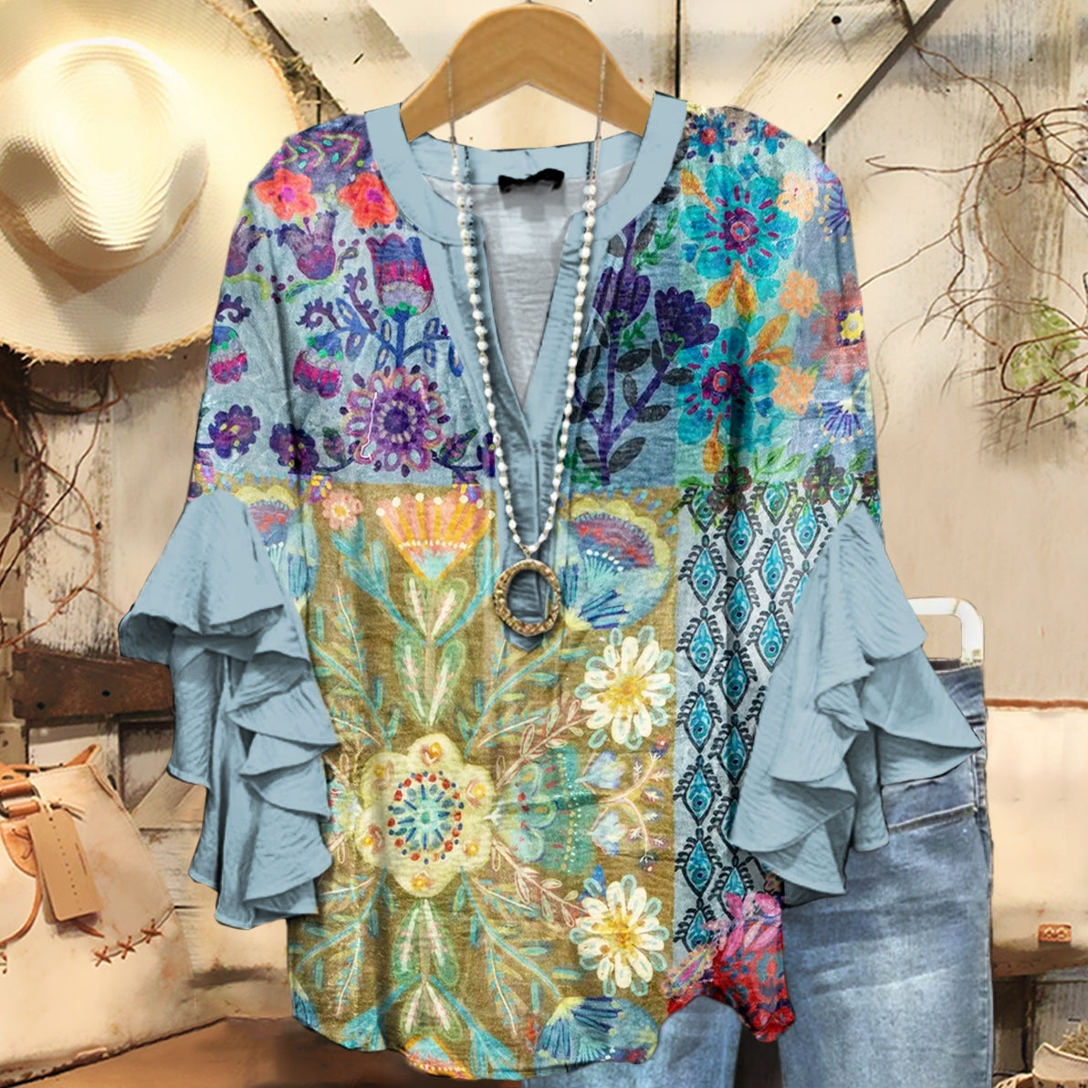 Women's Bohemian Floral Collage Pattern Print Casual Ruffle Sleeve Top