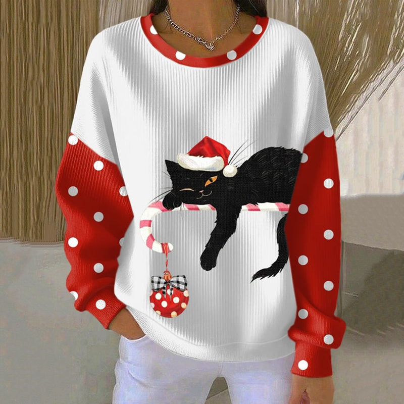 Women's Christmas Cat Print Crew Neck Casual Sweatshirt elevenforest