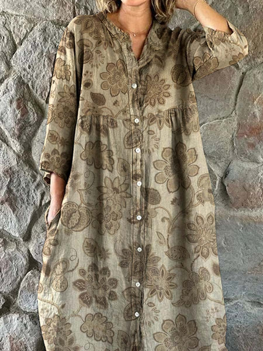 Women's Elegant Vintage Floral Pattern Shirt Cotton Linen Dress