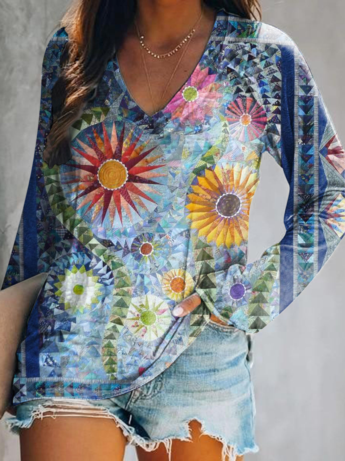 Women's Vintage Floral Art Print Casual V Neck Long Sleeve Tops