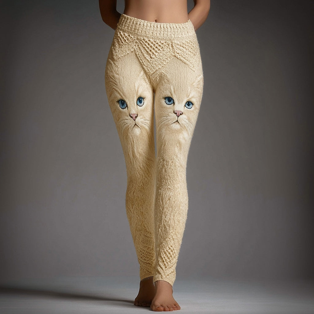 Cute Cat Face Embroidered Cozy Knit Leggings elevenforest
