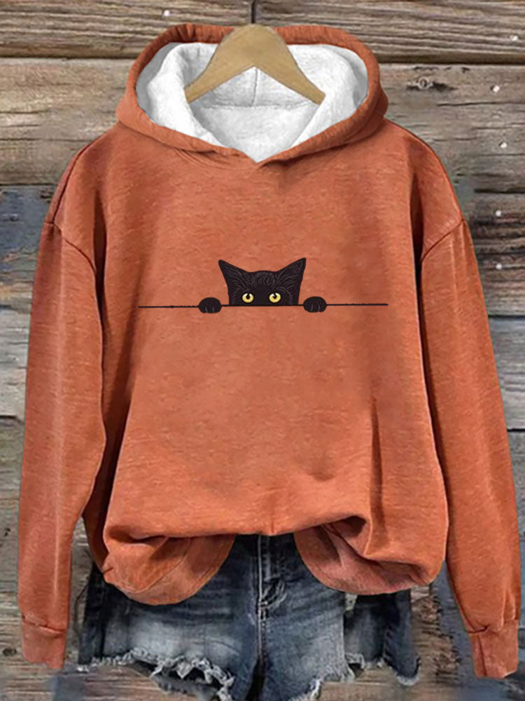 Women's Casual Funny Black Cat Print Hoodie elevenforest