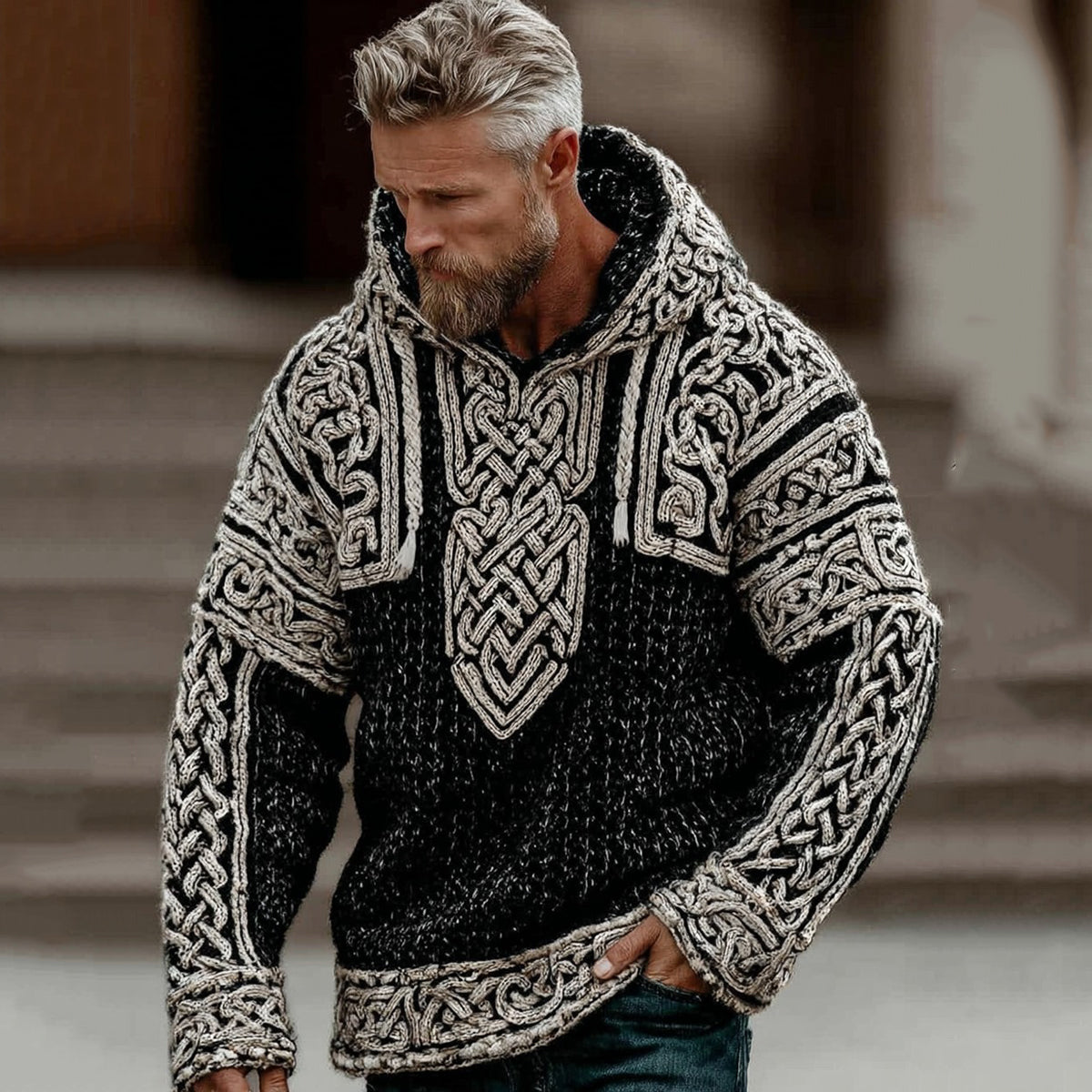 Men's Viking Tribal Celtic Knot Jacquard Knitted Hooded Sweater elevenforest
