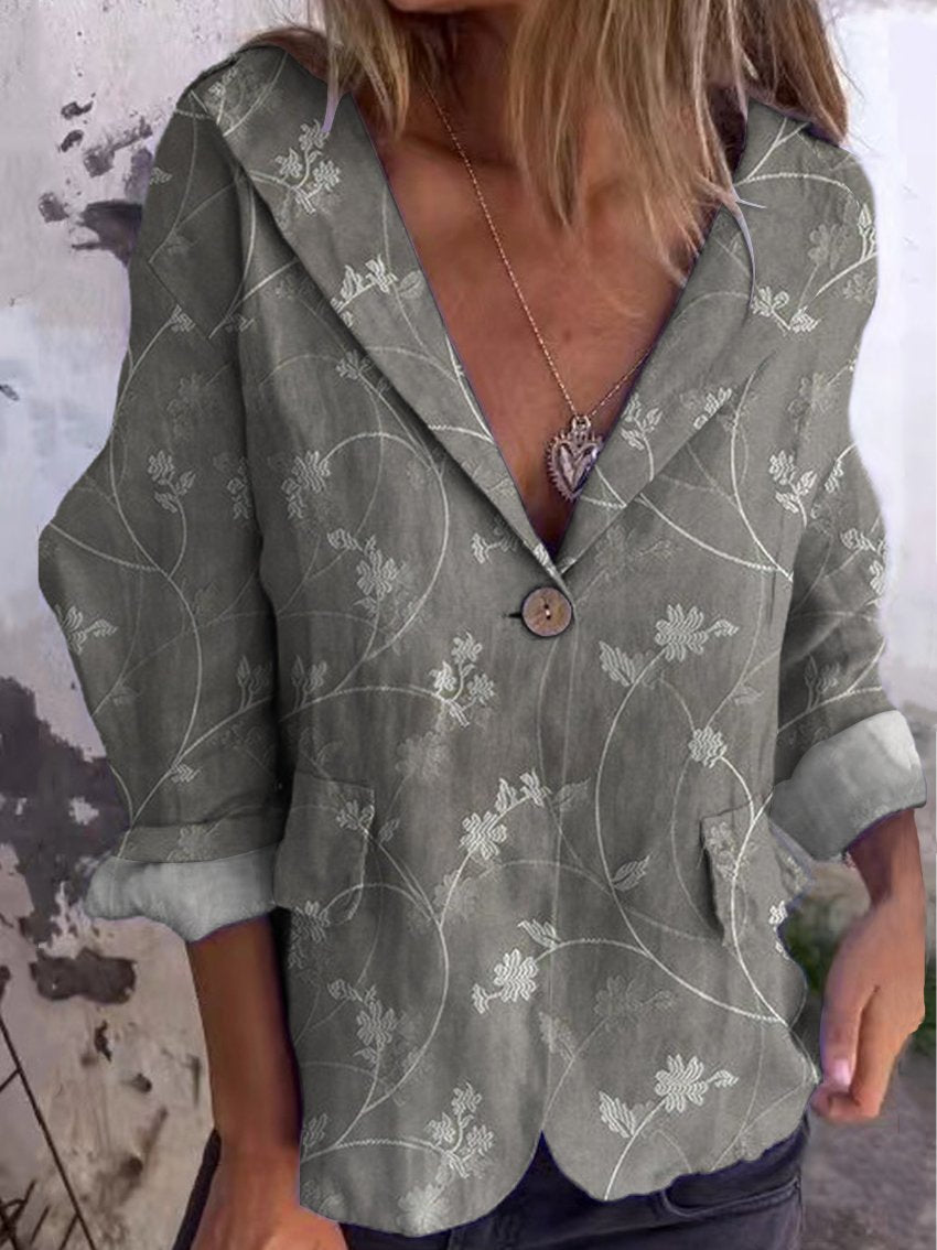 Women's Vintage Art Floral Linen And Cotton Pocket Coat