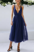 ER | Romantico abito midi in tulle con scollo a V