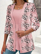 ER Set due pezzi, top e cardigan monocolore con motivo leopardato