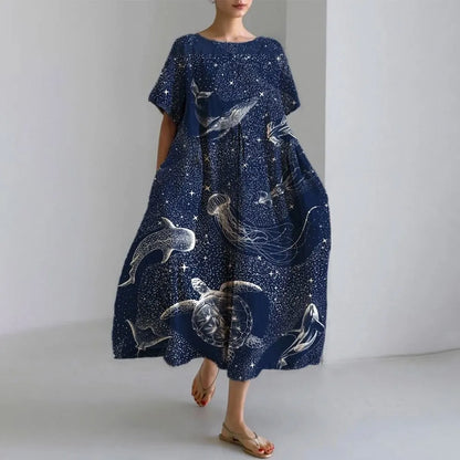 ER | Vestito estivo allentato di taglia superiore con tasca e scollo a O Maxi abito estivo elegante