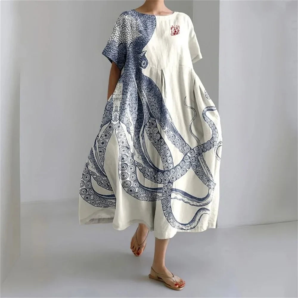 ER | Vestito estivo allentato di taglia superiore con tasca e scollo a O Maxi abito estivo elegante