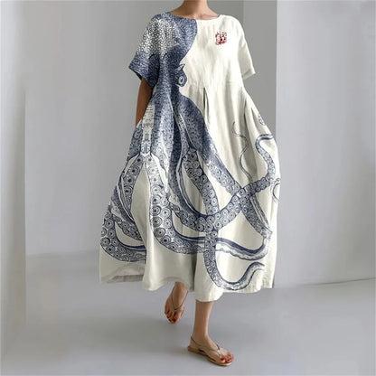 ER | Vestito estivo allentato di taglia superiore con tasca e scollo a O Maxi abito estivo elegante