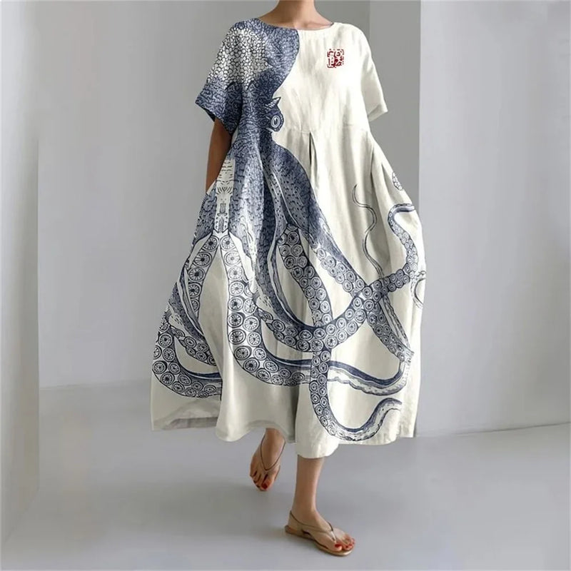 ER | Vestito estivo allentato di taglia superiore con tasca e scollo a O Maxi abito estivo elegante