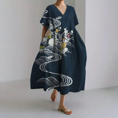 ER | Vestito estivo allentato di taglia superiore con tasca e scollo a O Maxi abito estivo elegante