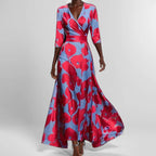 ER | Primavera Estate Donne Moda V Collo Cinghia Partito Abito Lungo Stampa Sexy Boho Maxi Abiti Manica Corta Borsa Femlae Vacanza