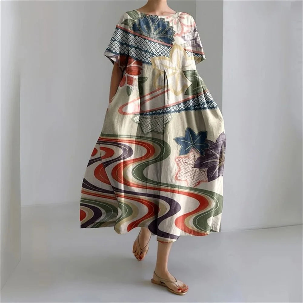 ER | Vestito estivo allentato di taglia superiore con tasca e scollo a O Maxi abito estivo elegante