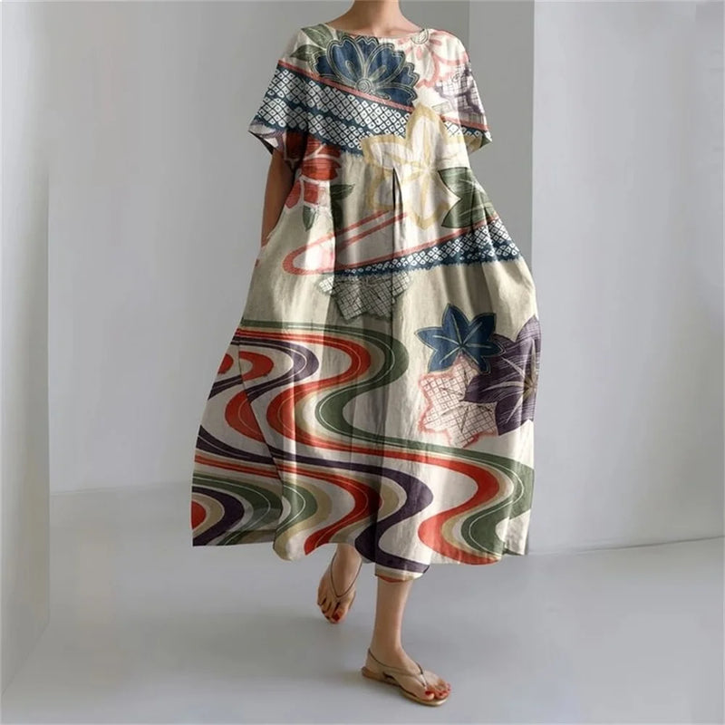 ER | Vestito estivo allentato di taglia superiore con tasca e scollo a O Maxi abito estivo elegante