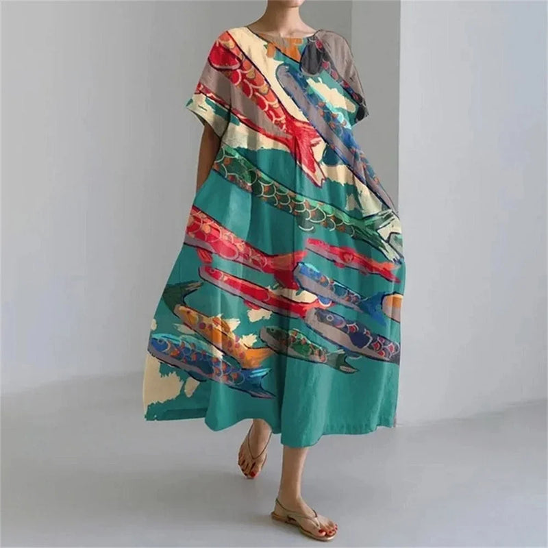 ER | Vestito estivo allentato di taglia superiore con tasca e scollo a O Maxi abito estivo elegante