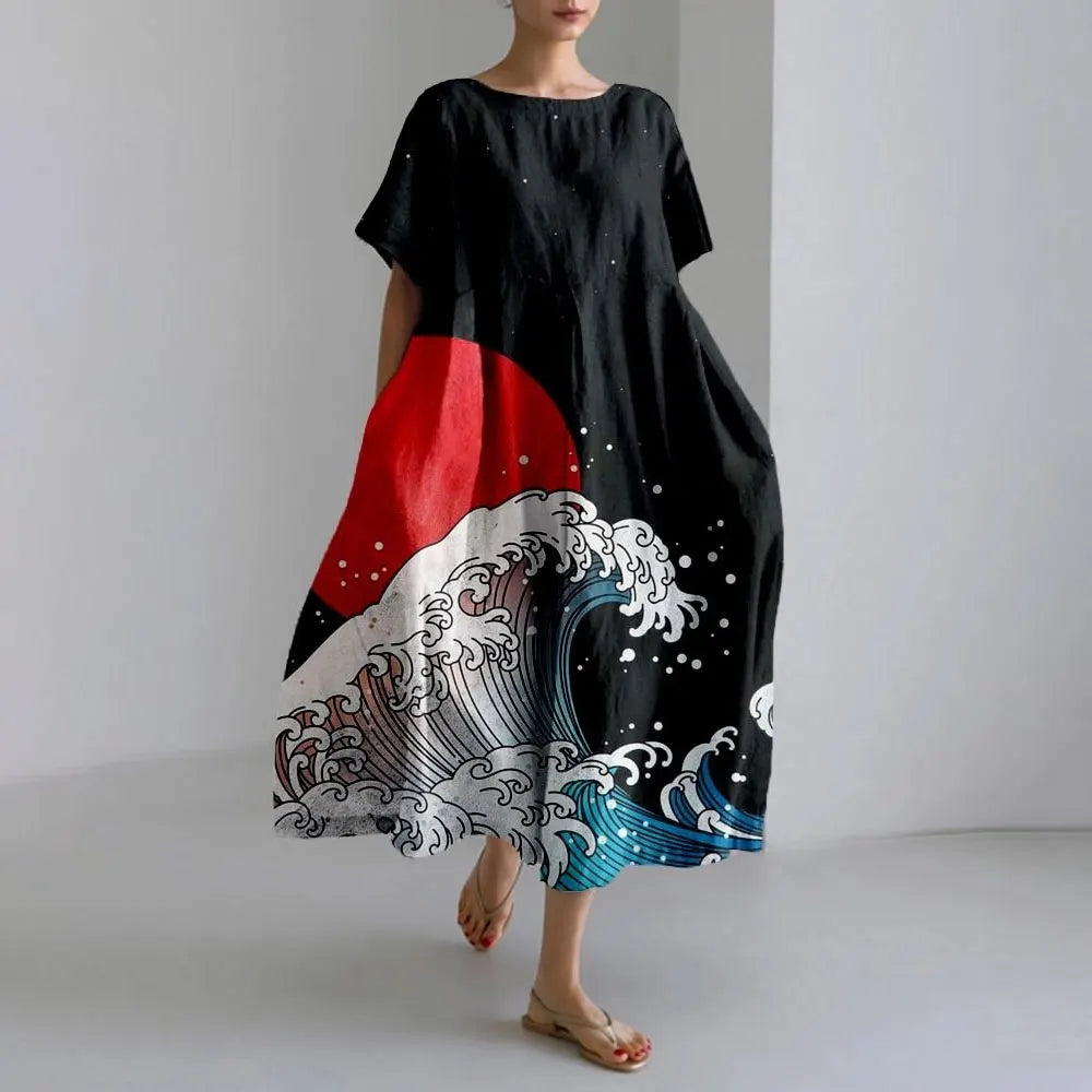 ER | Vestito estivo allentato di taglia superiore con tasca e scollo a O Maxi abito estivo elegante