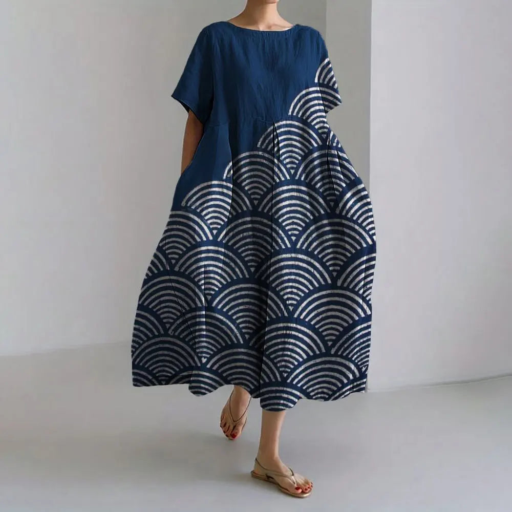 ER | Vestito estivo allentato di taglia superiore con tasca e scollo a O Maxi abito estivo elegante