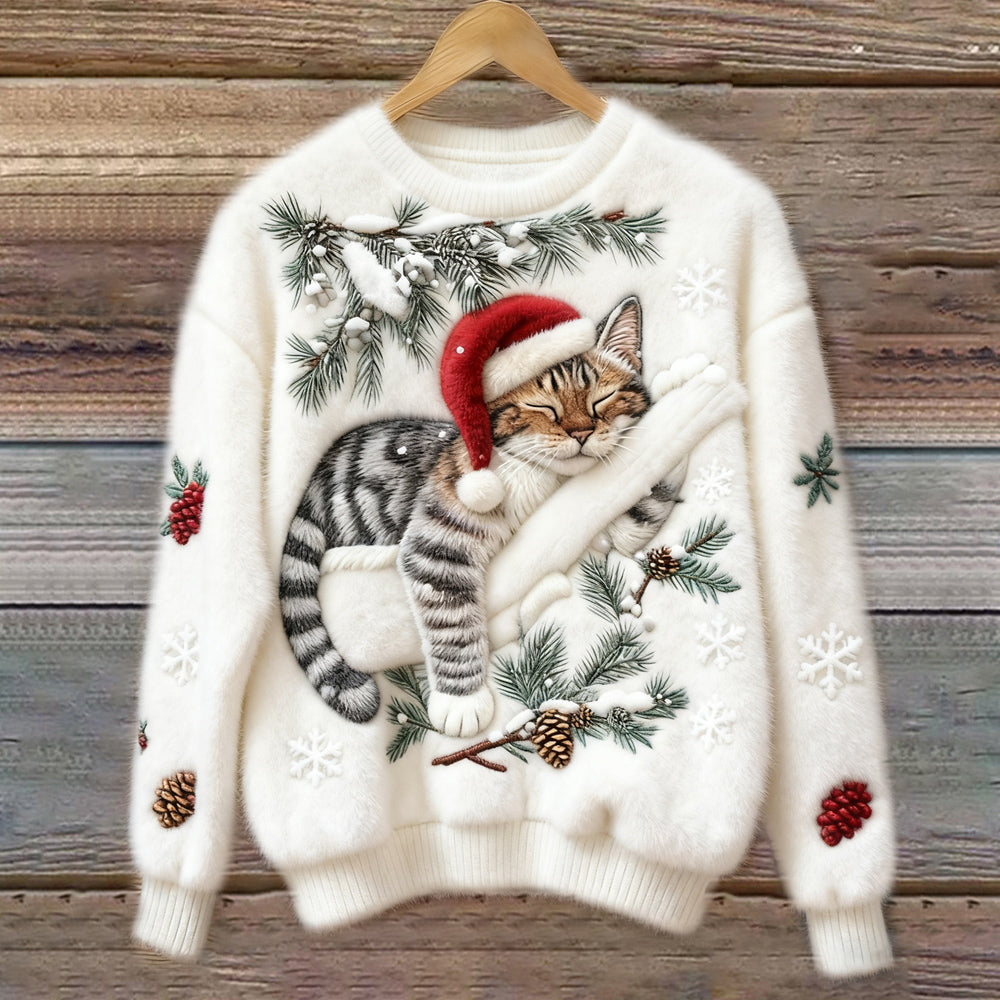 Christmas Lazy Cat Art Women's Cozy Plush Sweater elevenforest