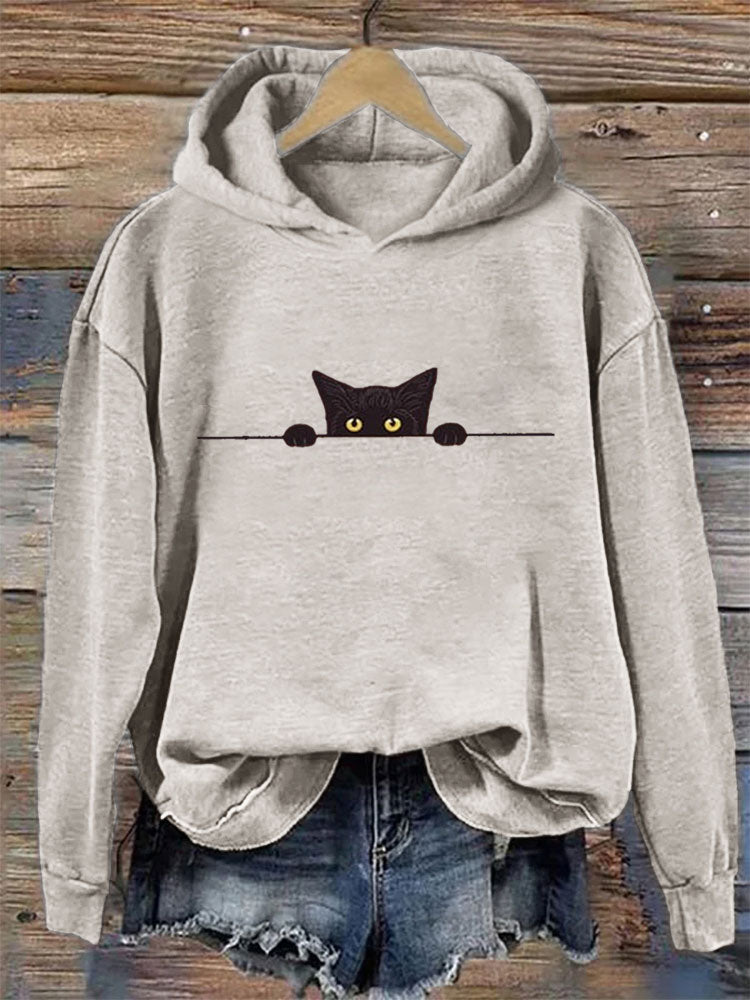 Women's Casual Funny Black Cat Print Hoodie elevenforest
