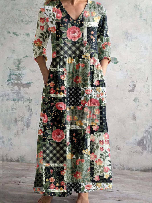Women's V-Neck Vintage Geometric Rose Floral Print Dress With Pockets
