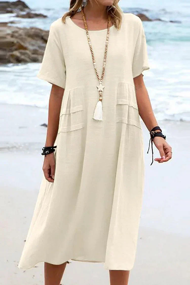 ER | Abito casual sciolto a maniche corte con scollo rotondo e tinta unita