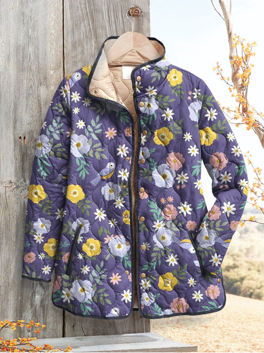 Women's Retro Floral  Art Print Casual Quilted Cardigan