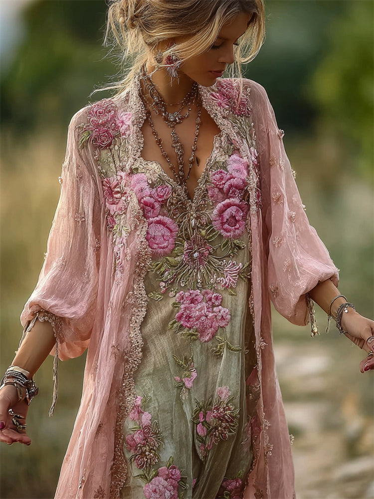 Vintage Boho Roses Floral Lace Flowy Linen Cardigan elevenforest