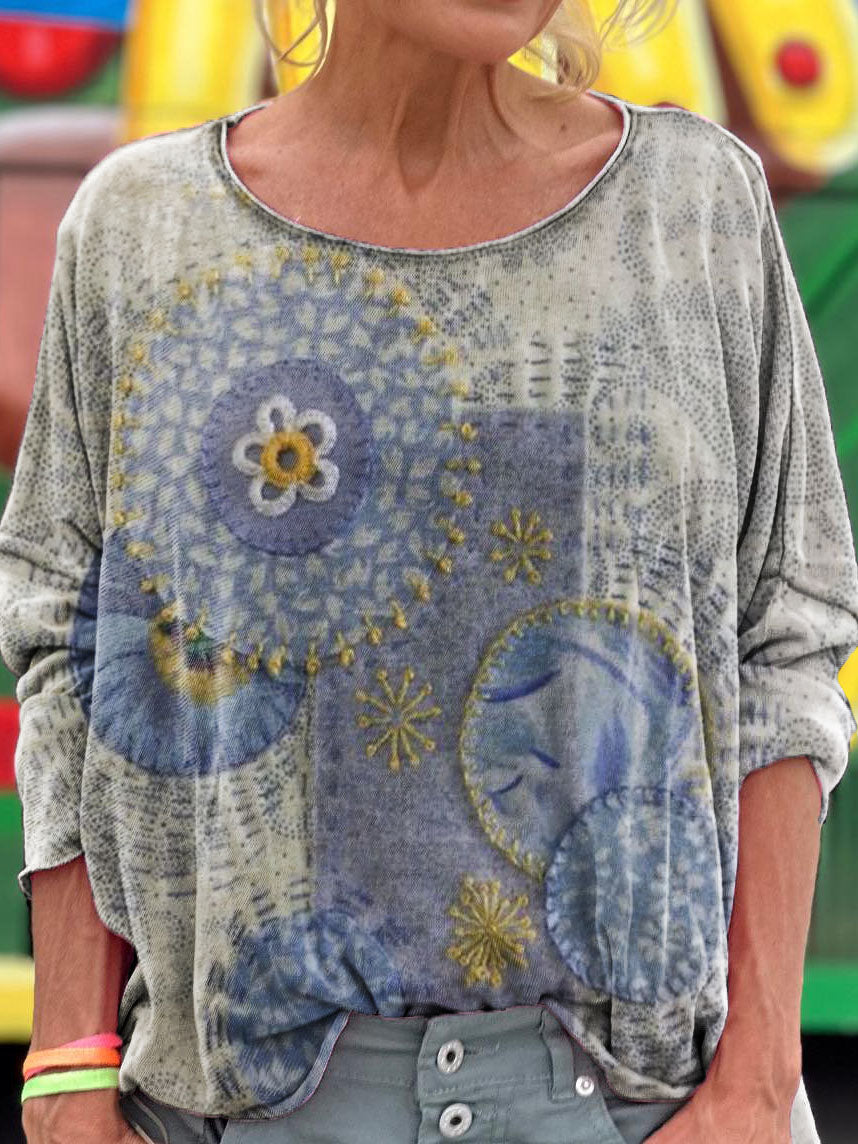 Women's Folk Floral Patchwork Art Pattern Print Casual Long Sleeve Top