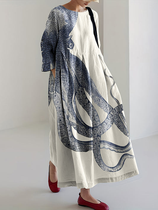 Japanese Art Octopus Print Casual Art Linen Blend Long Sleeve Maxi Dre