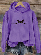 Women's Casual Funny Black Cat Print Hoodie elevenforest