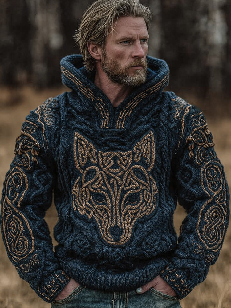 Vintage Viking Wolf Head Celtic Knot Colorblocked Hoodie Sweater elevenforest