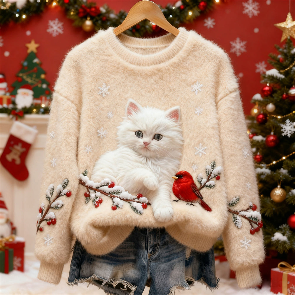 Christmas Cat & Bird Art Women's Flannel Sweater elevenforest