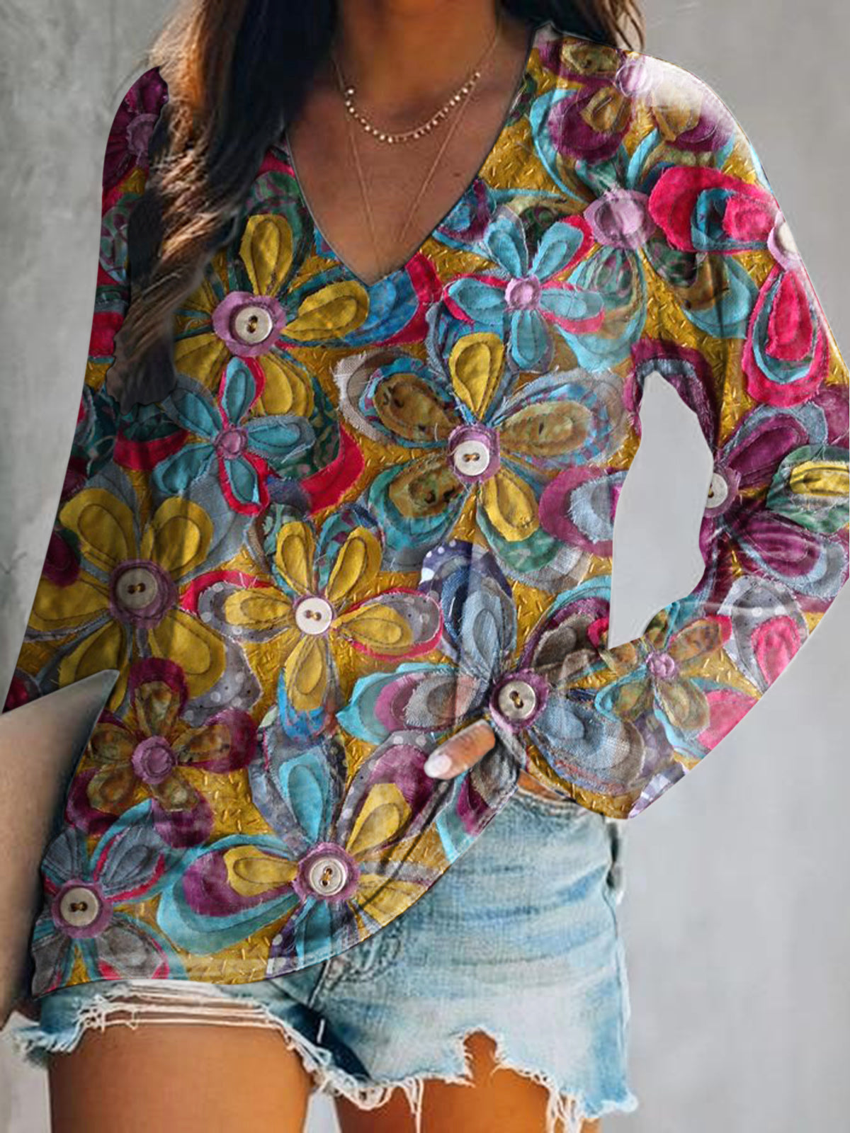 Women's Casual Vintage Floral Art Print V Neck Long Sleeve Tops