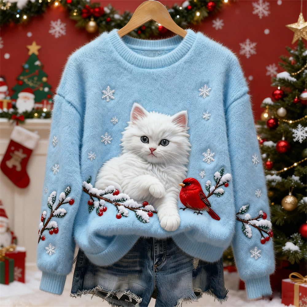Christmas Cat & Bird Art Women's Flannel Sweater elevenforest
