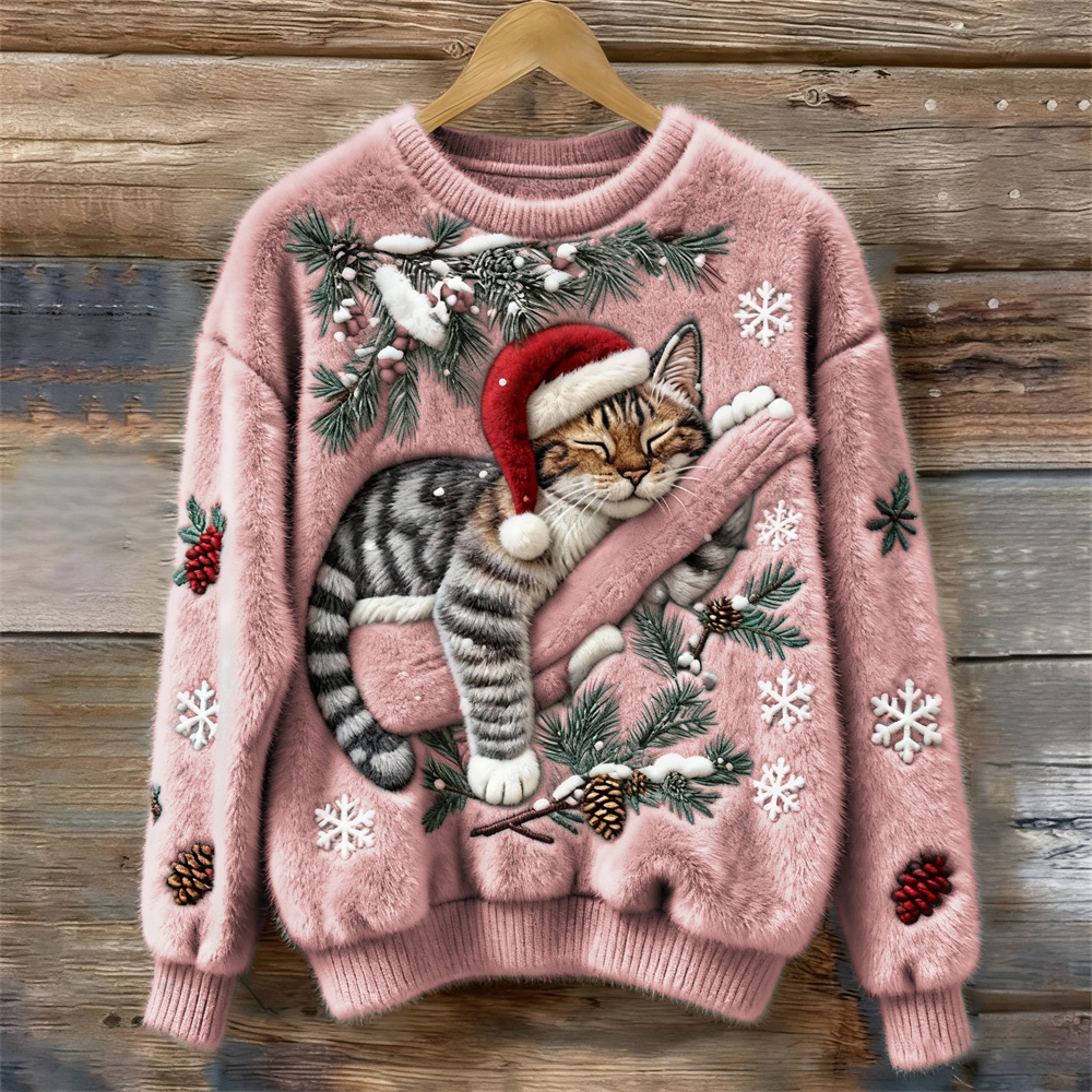 Christmas Lazy Cat Art Women's Cozy Plush Sweater elevenforest