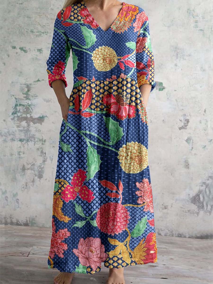 Women's Elegant Vintage Floral Pattern Cotton and Linen Dress with Poc