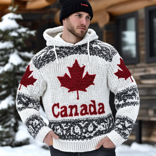 Men's Canada Maple Leaf Stripes Pattern Cozy Knit Hooded Sweater elevenforest