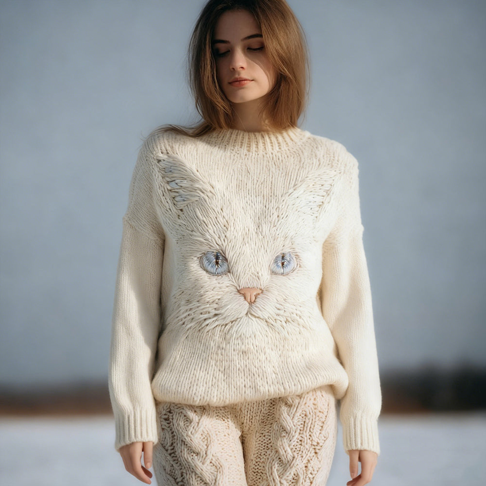 Cute Cat Face Embroidered Round Neck Cozy Knit Sweater elevenforest